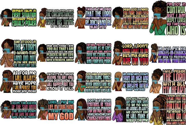 Bundle 20 Black Woman Praying God Quotes Face Mask Begging Prayers Save Life Mujer Orando a Dios SVG Vector Clipart Cutting Files