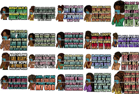 Bundle 20 Black Woman Praying God Quotes Face Mask Begging Prayers Save Life Mujer Orando a Dios SVG Vector Clipart Cutting Files
