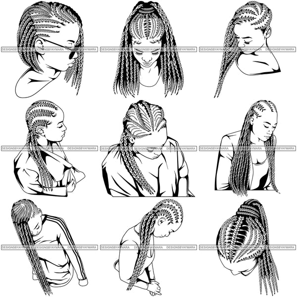 Bundle 9 Afro Woman Braids Dreads Dreadlocks Hairstyle SVG Cut Files For Silhouette and Cricut