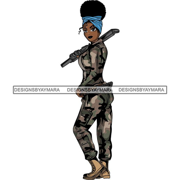 Afro Lola Woman Warrior Military Army Soldier War Camouflage USA Uniform .SVG Clipart Vector Cutting Files For Circuit Silhouette Cricut and More!