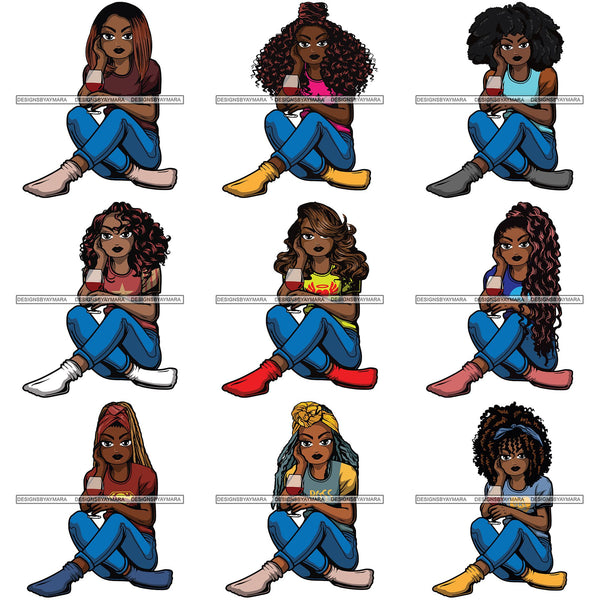 Bundle 9 Afro Lola Drinking Wine Relaxing .SVG Cutting Files For Silhouette and Cricut and More!