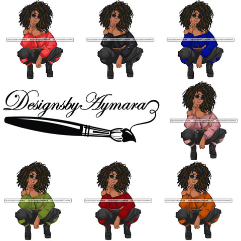 Bundle 7 Afro Woman Fashion Girl Squatting Position SVG Cutting Files For Silhouette Cricut and More!