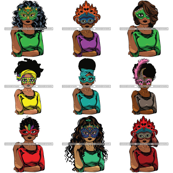 Bundle 9 Afro Lola Wearing  Mardi Grass Mask Masquerade Costume SVG Clipart Vector Cutting Files