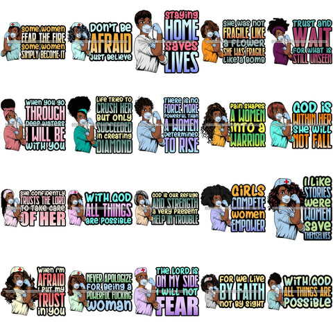 Bundle 20 Afro Lola Nurse Doctor Save Life Hero Quotes Wearing Mask Protection Flexing Strong Medical Occupation SVG Cutting Files