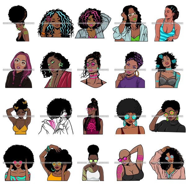 Bundle 20 Ebony Afro Woman Nubian Melanin Brown Skin Makeup Model Glasses Accesories SVG Cut Files