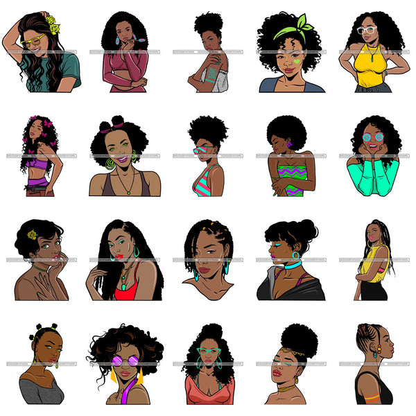 Bundle 20 Ebony Afro Woman Nubian Melanin Brown Skin Makeup Model Glasses Accesories SVG Cut Files