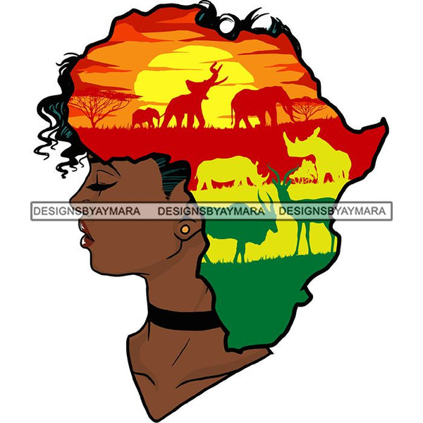 Safari Goddess Africa Continent African American Woman Savanna Animals Hair SVG Cutting Files.