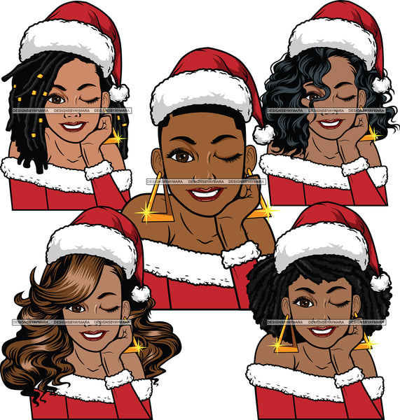 Bundle 25 Afro Girls Wearing Santa Hat Christmas Gifts Celebration Peek A Boo Black Woman Melanin Nubian Queen SVG Cutting Files For Silhouette Cricut And More
