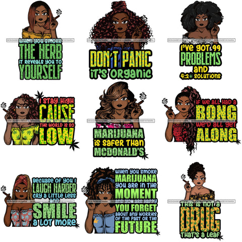 Bundle 9 Afro Lola Smoking Pot Quotes Weed Joint Blunt Cannabis Marijuana SVG Cutting Files