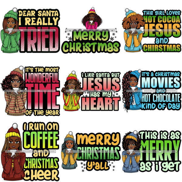 Bundle 9 Afro Lola Christmas Hot Coffee Winter Santa Quotes .SVG Cutting Files For Silhouette and Cricut and More!