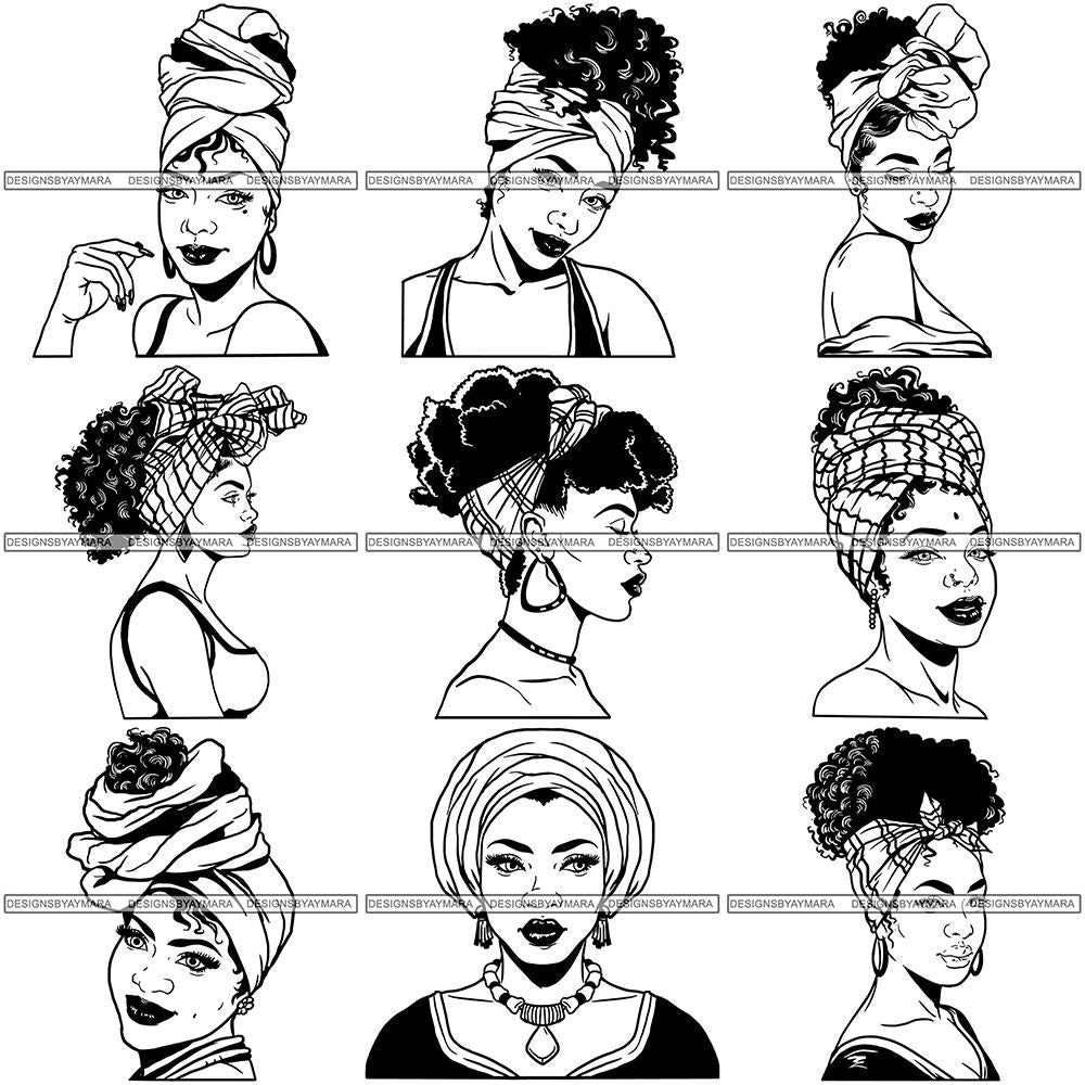 Bundle 9 Afro Woman SVG Turban Head Wrap Cutting Files For Silhouette ...