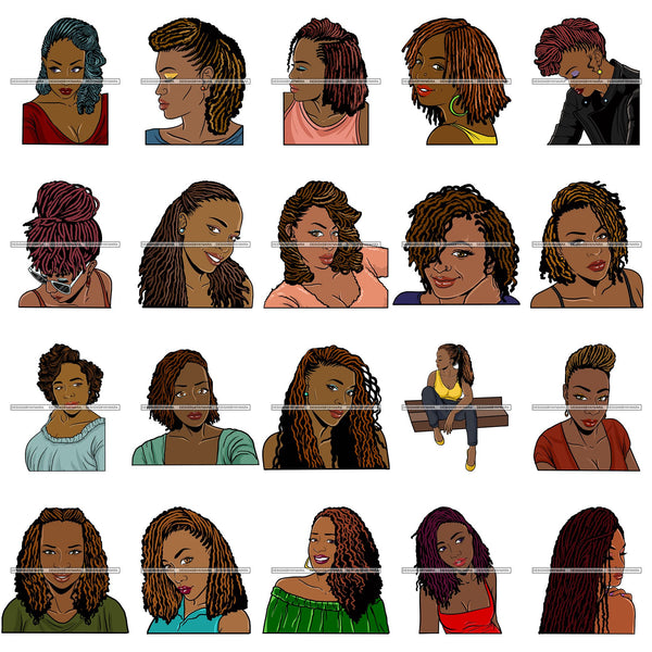 Bundle 20 Afro Black Woman Sister-lock Hairstyle Beautiful Diva .SVG Cutting Files For Silhouette Cricut and More!