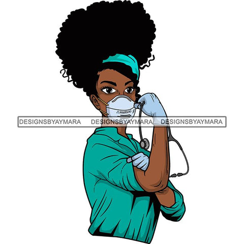 Afro Lola Nurse Doctor Save Life Hero Wearing Mask Protection Flexing Strong Medical Occupation SVG Cutting Files