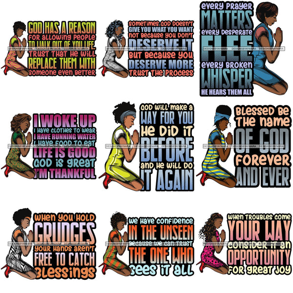 Bundle 9 Afro Lola Kneeling Praying God Lord Faith Quotes .SVG Vector Clipart Cutting Files For Silhouette Cricut and More!