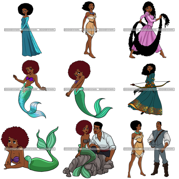 Princesses and Heroes Cartoon Character Designs Black Princess Black Hero Designs For Sublimation SVG PNG JPG Cutting Files Cricut Silhouette