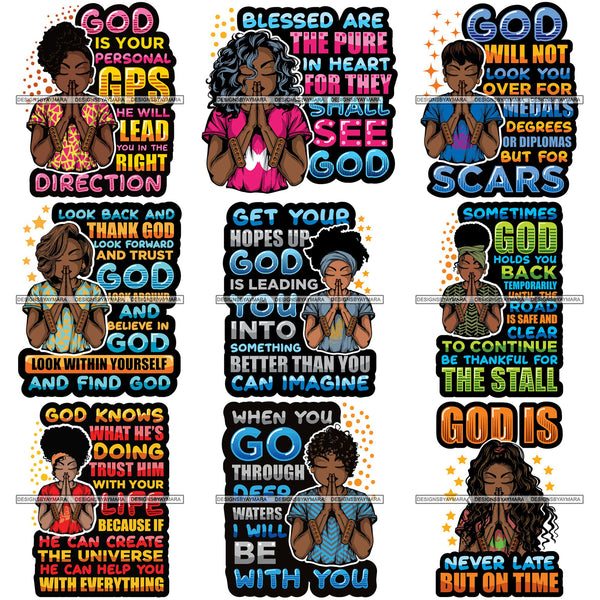 Bundle 9 Afro Lola Woman Praying God Lord Prayers Pray Quotes Believe Church .SVG PNG JPG Clipart Vector Cutting Files