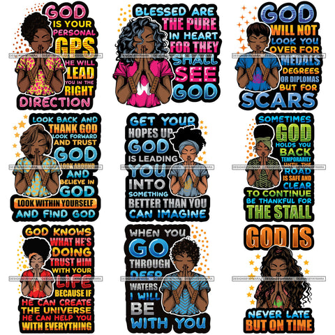 Bundle 9 Afro Lola Woman Praying God Lord Prayers Pray Quotes Believe Church .SVG PNG JPG Clipart Vector Cutting Files