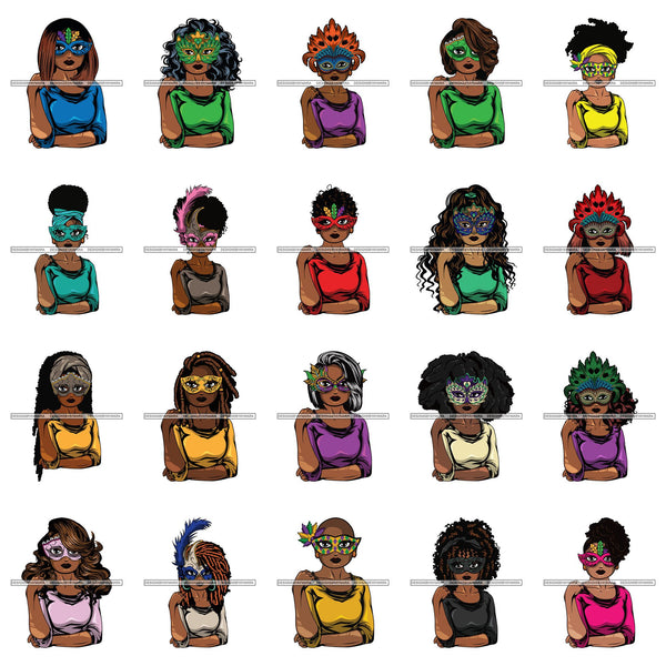 Bundle 20 Afro Lola Wearing  Mardi Grass Mask Masquerade Costume SVG Clipart Vector Cutting Files