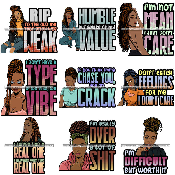 Bundle 9 Afro Woman Dreadlocks Locs Hairstyle Gangster Bad Ass Quotes .SVG Cutting Files For Silhouette Cricut and More!