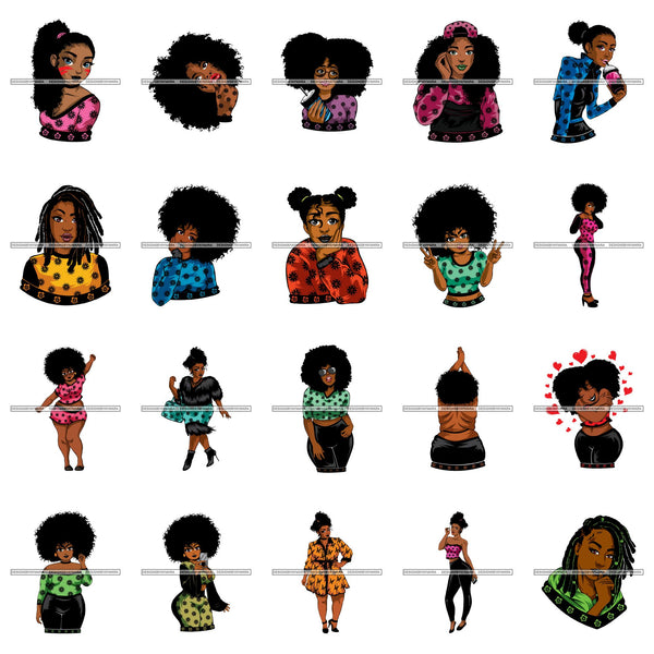 Bundle 20 Afro African Lady Pretty Face Goddess Glamour Fashion Vector SVG Cutting Files