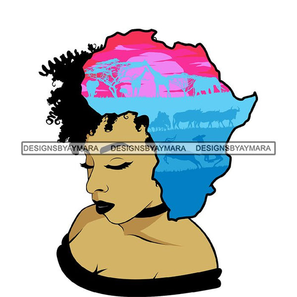 Safari Goddess Africa Continent African American Woman Savanna Animals Hair SVG Cutting Files.