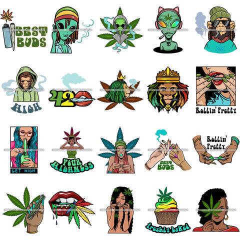 Bundle 20 Ganja Narcotic Joint Blunt Weed Leaf Hydroponics Cannabis Woman Smoking Grass Marijuana SVG Cut Files