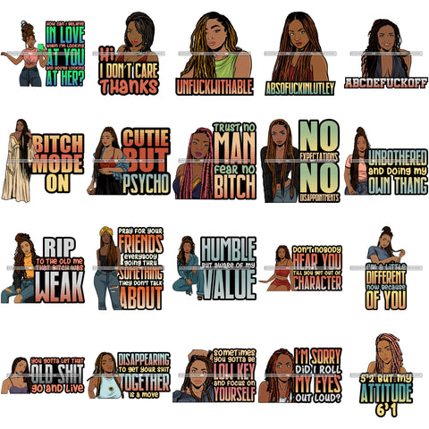 Bundle 20 Afro Woman Dreadlocks Locs Hairstyle Gangster Bad Ass Quotes .SVG Cutting Files For Silhouette Cricut and More!