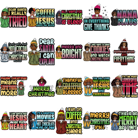 Bundle 20 Afro Lola Christmas Hot Coffee Winter Santa Quotes .SVG Cutting Files For Silhouette and Cricut and More!