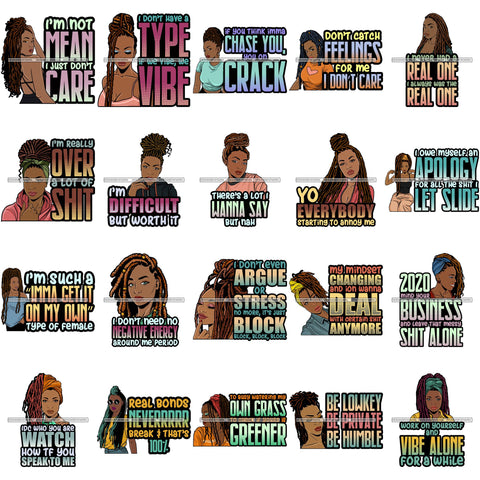 Bundle 20 Afro Woman Dreadlocks Locs Hairstyle Gangster Bad Ass Quotes .SVG Cutting Files For Silhouette Cricut and More!