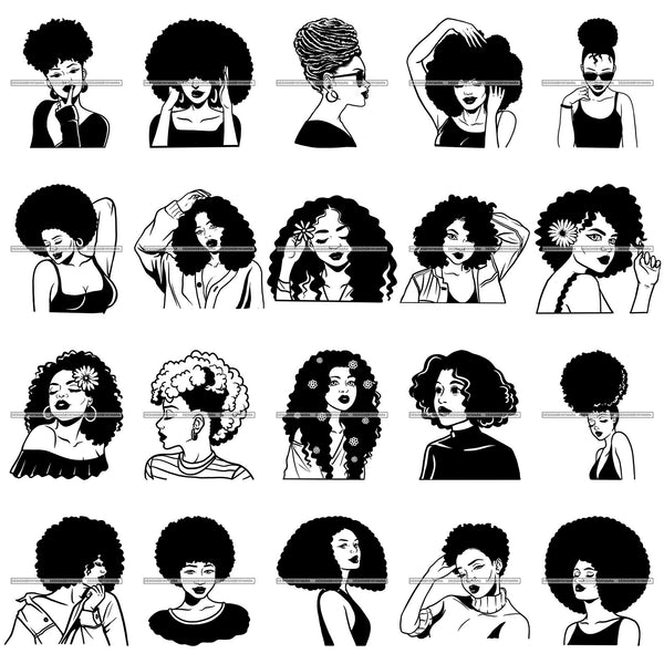 Bundle 20 Afro African American Lady Woman Classy Nubian PNG JPG SVG Cutting Files Silhouette Cricut