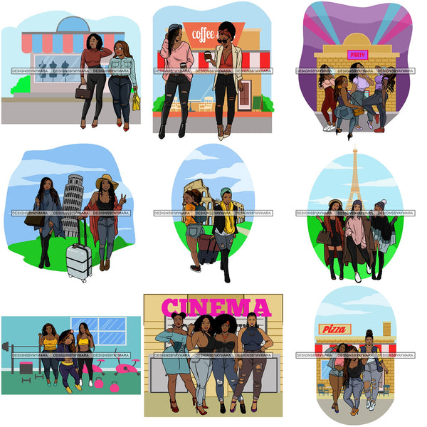 Bundle 9 Friends Hanging Out Together Shopping Traveling Vacation Fun Buddy Sisters Girlfriends Women SVG Cutting Files