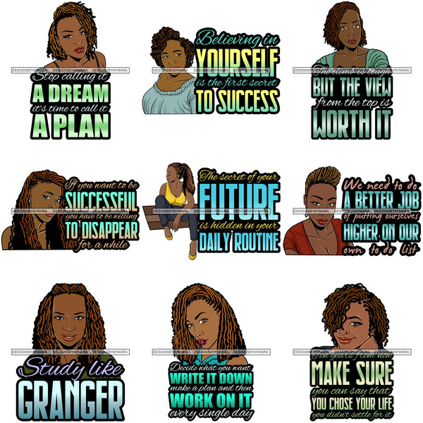 Bundle 9 Afro Beautiful Classy Lady Educated Successful Woman Life Quotes SVG Files For Cutting and More!