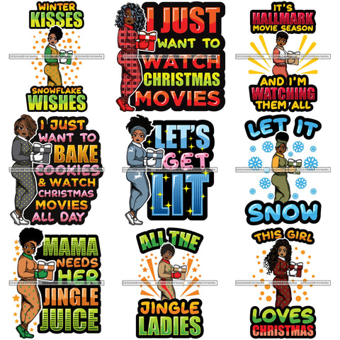 Bundle 9 Afro Lola Winter Merry Christmas Santa Quotes .SVG Cutting Files For Silhouette and Cricut and More!