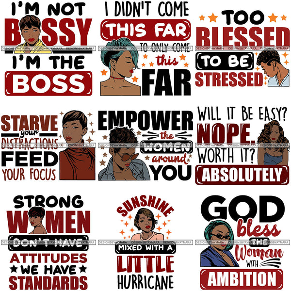 Bundle 9 Strong Successful Afro Woman Quotes .SVG Cutting Files For Silhouette Cricut and More