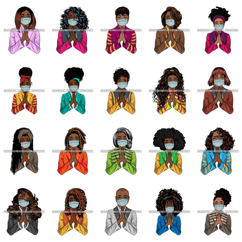 Bundle 20 Afro Lola Praying Sad Crying Pain Face Mask Begging Prayers Virus SVG Vector Clipart Cutting Files