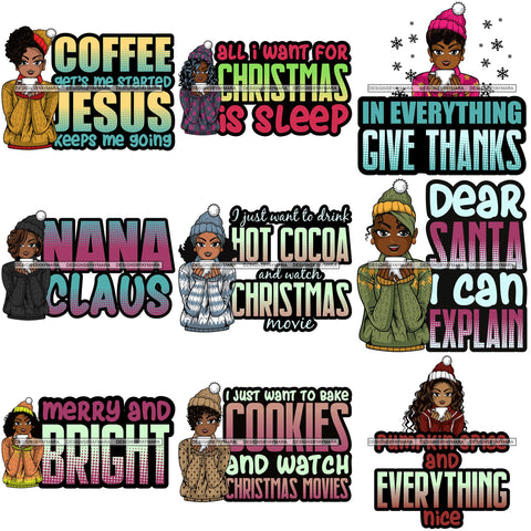 Bundle 9 Afro Lola Christmas Hot Coffee Winter Santa Quotes .SVG Cutting Files For Silhouette and Cricut and More!