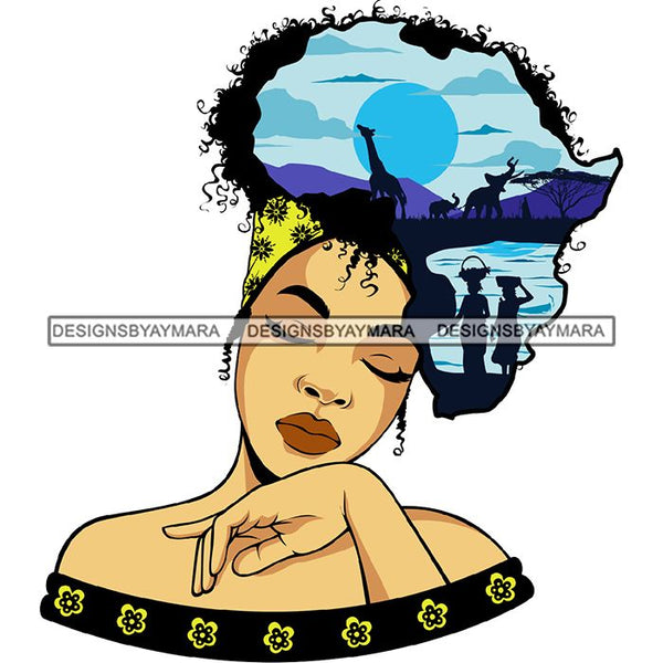 Safari Goddess Africa Continent African American Woman Savanna Animals Hair SVG Cutting Files.