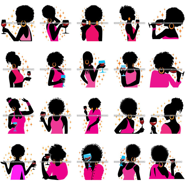 Bundle 20 Afro Woman Silhouette Drinking Wine Relax Chilling Stress Free .SVG Cutting Files For Silhouette and Cricut and More!