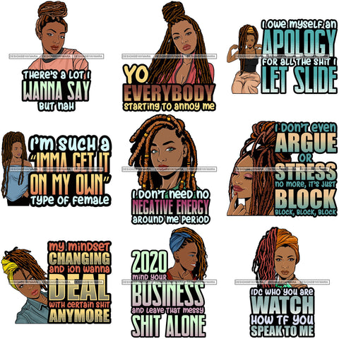 Bundle 9 Afro Woman Dreadlocks Locs Hairstyle Gangster Bad Ass Quotes .SVG Cutting Files For Silhouette Cricut and More!