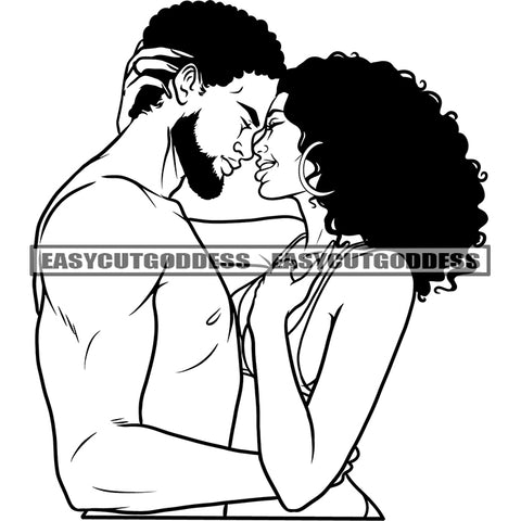 Black And White African American Afro Sexy Couple Romantic Pose Curly Hairstyle Wearing Hoop Earing Long Nail Design Element Body Builder Couple Love BW SVG JPG PNG Vector Clipart Cricut Silhouette Cut Cutting