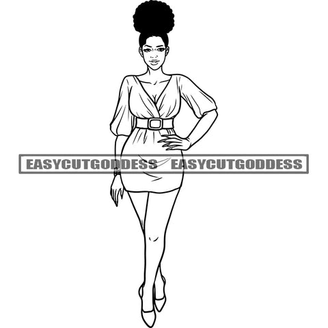 Afro Woman Standing Sexy Pose Curly Hairstyle African American Model Woman Walking Black And White Artwork SVG JPG PNG Vector Clipart Cricut Silhouette Cut Cutting