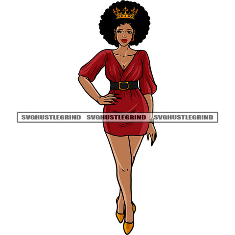 Afro Queen Woman Standing Sexy Pose Crown On Head Curly Hairstyle African American Model Woman Walking White Background Design Element SVG JPG PNG Vector Clipart Cricut Silhouette Cut Cutting