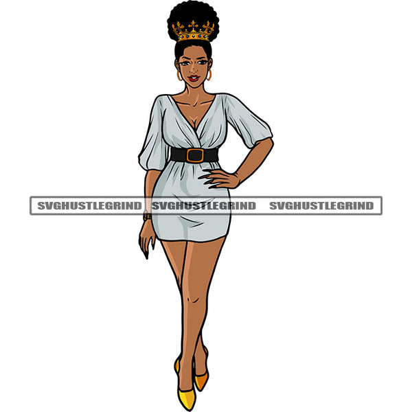 Afro Queen Woman Wearing Party Dress Standing Sexy Pose Smile Face Girl Crown On Head Curly Hairstyle African American Model Woman Walking White Background Design Element SVG JPG PNG Vector Clipart Cricut Silhouette Cut Cutting