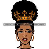 Afro Woman Smile Face Crown On Head Vector Color Design Element Wearing Hoop Earing Curly Hairstyle White Background SVG JPG PNG Vector Clipart Cricut Silhouette Cut Cutting