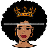 Cute Afro Woman Smile Face Crown On Head Wearing Hoop Earing Curly Hairstyle Vector White Background SVG JPG PNG Vector Clipart Cricut Silhouette Cut Cutting