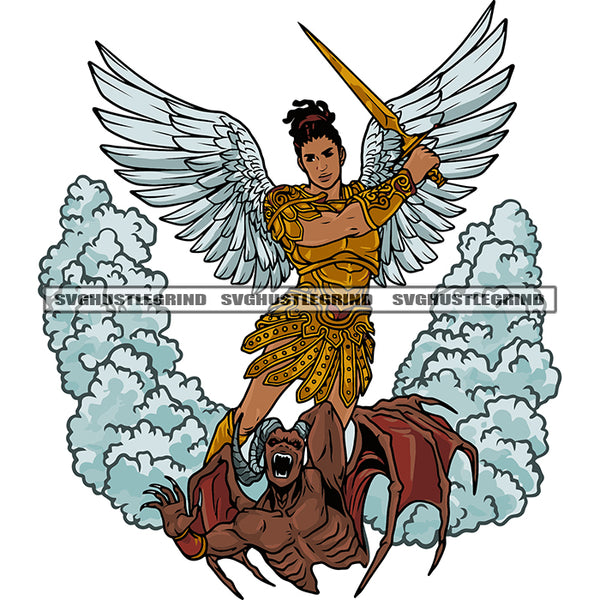 Angle Standing Devil Body Angry Face Angle Holding Knife Color Smoke And Wings Curly Hairstyle White Background SVG JPG PNG Vector Clipart Cricut Silhouette Cut Cutting