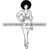 Black And White Afro Queen Woman Wearing Party Dress Standing Sexy Pose Smile Face Girl Crown On Head Curly Hairstyle African American Model Woman Walking BW Design Element SVG JPG PNG Vector Clipart Cricut Silhouette Cut Cutting