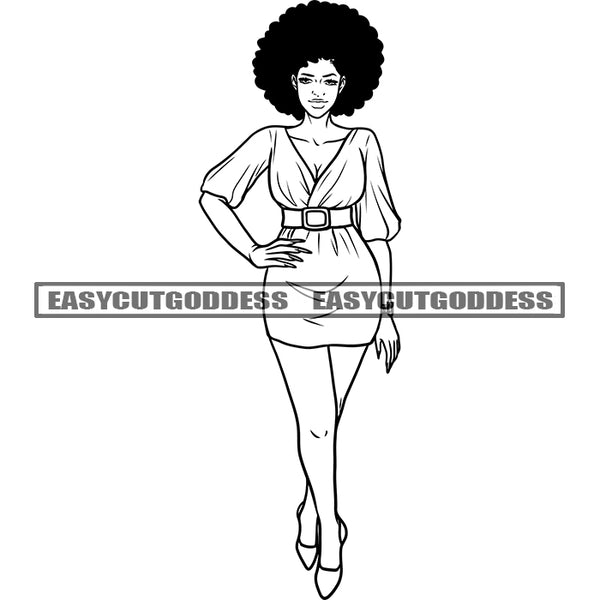 Black And White Afro Queen Woman Wearing Party Dress Standing Sexy Pose Smile Face Girl Crown On Head Curly Hairstyle African American Model Woman Walking BW Design Element SVG JPG PNG Vector Clipart Cricut Silhouette Cut Cutting