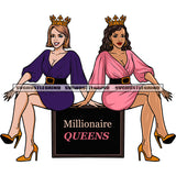 Millionaire Queens Quote African American Cute Woman Sitting On Box Crown On Head Vector Design Element Smile Face Girls SVG JPG PNG Vector Clipart Cricut Silhouette Cut Cutting