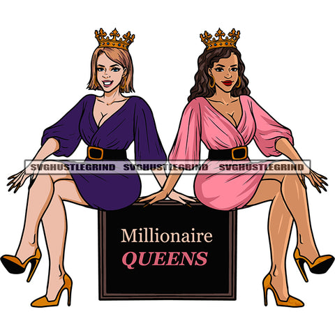 Millionaire Queens Quote African American Cute Woman Sitting On Box Crown On Head Vector Design Element Smile Face Girls SVG JPG PNG Vector Clipart Cricut Silhouette Cut Cutting